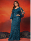 voordelige BLAUW-Zeemeermin  Trompet Plus Size Jurken Elegante Curve Jurk Formele Bruiloft Vloerlengte Lange Mouw V Hals Pailletten met Pailletten 2025