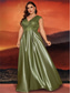 cheap CHAMPAGNE-A-Line Plus Size Dresses Elegant Curve Dress Formal Wedding Floor Length Short Sleeve V Neck Satin Backless with Pleats 2025