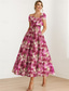 cheap Cocktail Dresses-Jacquard Brocade Floral  A-Line Cocktail Dresses Elegant Dress Formal Wedding Guest Ankle Length Short Sleeve One Shoulder Pocket Nylon with Bow(s) Pocket