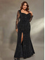 economico NERO-Sirena  Abito da sera a tromba Abito elegante Matrimonio formale Lunghezza del pavimento Maniche lunghe Scollo a cuore Tulle con spacco