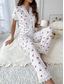 billige Søvnoverdeler og -nederdeler for kvinner-Dame Pyjamas Sett Fritid Komfort Blomstret Sommerfugl Lapper Elastisk midje Skjorte Bukse Hjem Daglig Kortermet V-hals Lys Rosa Hvit Rosa Rød Sommer Vår Normal
