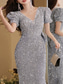 cheap GREY-Mermaid / Trumpet Quinceanera Dresses Elegant Dress Formal Wedding Floor Length Short Sleeve V Neck Polyester with Sequin 2025