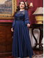 billige BLÅ-A-Linje Kveldskjole Elegant Kjole Formell Bryllup Gulvlengde Langt Erme Crew Neck Chiffon med Folder