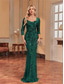 ieftine albastru-Rochii de Quinceanera sirenă  trompetă Rochie elegantă Nuntă formală Lungime la podea Mâneci lungi Decolteu în formă de inimă Cu mărgele cu paiete