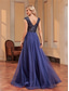 cheap BLUE-A-Line Quinceanera Dresses Elegant Dress Formal Wedding Floor Length Sleeveless V Neck Tulle V Back with Sequin