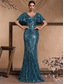 cheap BLUE-Mermaid / Trumpet Quinceanera Dresses Elegant Dress Formal Wedding Floor Length Short Sleeve V Neck Polyester V Back with Sequin