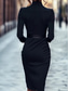 abordables Boda Casual / Durante el Día-Vestidos de Cóctel en Columna Negros Elegante Formal Invitados de Boda Longitud de Té Manga Larga Cuello de Camisa Cinturón  Cinta Crepé Elástico con Hendidura