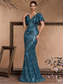 cheap BLUE-Mermaid / Trumpet Quinceanera Dresses Elegant Dress Formal Wedding Floor Length Short Sleeve V Neck Polyester V Back with Sequin