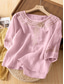 cheap Shirts-Women&#039;s Shirt Cotton Linen Shirts Blouse Solid Color Basic Casual 3/4 Length Sleeve Crew Neck Regular Tops Daily Lace Patchwork Black Yellow Pink Green Summer