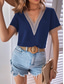 cheap Lace Tops-Women&#039;s Blouse Solid Color Elegant Stylish Basic Short Sleeve V Neck Regular Tops Daily Lace Patchwork Black White Navy Blue Beige Summer