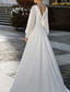 baratos Vestidos de Casamento-Vestidos de Casamento Casuais A-Line Decote V Manga Longa Comprimento Total Crepe Stretch Vestido para Convidada de Casamento Vestidos de Noiva Simples com Cinto de Cintura com Contas