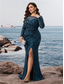 billiga BLÅ-Havfrue  Trumpet Plus Size Klänningar Elegant Curve Klänning Formell Bröllop Golvlängd Långärmad Rundhals Polyester med Slits 2025