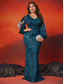 voordelige BLAUW-Zeemeermin  Trompet Plus Size Jurken Elegante Curve Jurk Formele Bruiloft Vloerlengte Lange Mouw V Hals Pailletten met Pailletten 2025