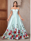 cheap GREEN-A-Line Evening Gown Elegant Dress Formal Wedding Floor Length Off Shoulder Satin Backless with Floral Print