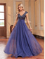 cheap BLUE-A-Line Quinceanera Dresses Elegant Dress Formal Wedding Floor Length Sleeveless V Neck Tulle V Back with Sequin