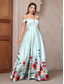 cheap GREEN-A-Line Evening Gown Elegant Dress Formal Wedding Floor Length Off Shoulder Satin Backless with Floral Print