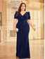cheap BLUE-Mermaid / Trumpet Plus Size Dresses Elegant Curve Dress Formal Wedding Floor Length Short Sleeve V Neck Polyester with Appliques 2025