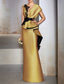 cheap YELLOW-Sheath Evening Gown Elegant Dress Formal Wedding Guest Floor Length Short Sleeve V Neck Satin with Ruffles Embroidery Appliques