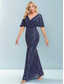 cheap BLUE-Mermaid / Trumpet Quinceanera Dresses Elegant Dress Formal Wedding Floor Length Short Sleeve V Neck Polyester with Glitter 2025