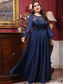billige BLÅ-A-Linje Kveldskjole Elegant Kjole Formell Bryllup Gulvlengde Langt Erme Crew Neck Chiffon med Folder