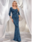 ieftine albastru-Rochii de Quinceanera sirenă  trompetă Rochie elegantă Nuntă formală Lungime la podea Mâneci lungi Decolteu în formă de inimă Cu mărgele cu paiete