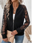 cheap Bomber Jacket-Women&#039;s Bomber Jacket Comfortable Breathable Lace Patchwork Zipper Pocket Elegant Casual Plain Vacation Street Casual Daily Wear Zipper Regular Stand Collar Regular Fit Long Sleeve Outerwear Black