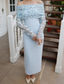 cheap Cocktail Dresses-Blue Sheath / Column Cocktail Dresses Detachable Cape Stretch Crepe Elegant Dress Formal Wedding Tea Length Sleeveless Off Shoulder  with Floral Beading Lace