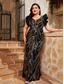 cheap BLACK-Mermaid / Trumpet Evening Gown Elegant Dress Formal Wedding Floor Length Short Sleeve V Neck Sequined V Back with Sequin