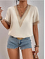 cheap Lace Tops-Women&#039;s Blouse Solid Color Elegant Stylish Basic Short Sleeve V Neck Regular Tops Daily Lace Patchwork Black White Navy Blue Beige Summer