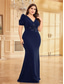 cheap BLUE-Mermaid / Trumpet Plus Size Dresses Elegant Curve Dress Formal Wedding Floor Length Short Sleeve V Neck Polyester with Appliques 2025