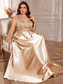 cheap CHAMPAGNE-A-Line Plus Size Dresses Elegant Curve Dress Formal Wedding Floor Length Short Sleeve V Neck Satin Backless with Pleats 2025