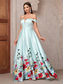 cheap GREEN-A-Line Evening Gown Elegant Dress Formal Wedding Floor Length Off Shoulder Satin Backless with Floral Print