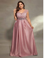 cheap PINK-A-Line Evening Gown Elegant Dress Formal Wedding Floor Length Sleeveless V Neck Satin V Back with Pleats