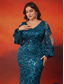 voordelige BLAUW-Zeemeermin  Trompet Plus Size Jurken Elegante Curve Jurk Formele Bruiloft Vloerlengte Lange Mouw V Hals Pailletten met Pailletten 2025