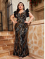 cheap BLACK-Mermaid / Trumpet Evening Gown Elegant Dress Formal Wedding Floor Length Short Sleeve V Neck Sequined V Back with Sequin