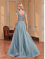 cheap BLUE-A-Line Quinceanera Dresses Elegant Dress Formal Wedding Floor Length Sleeveless V Neck Tulle V Back with Sequin