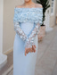 cheap Cocktail Dresses-Blue Sheath / Column Cocktail Dresses Detachable Cape Stretch Crepe Elegant Dress Formal Wedding Tea Length Sleeveless Off Shoulder  with Floral Beading Lace