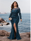 billiga BLÅ-Havfrue  Trumpet Plus Size Klänningar Elegant Curve Klänning Formell Bröllop Golvlängd Långärmad Rundhals Polyester med Slits 2025