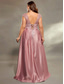 cheap PINK-A-Line Evening Gown Elegant Dress Formal Wedding Floor Length Sleeveless V Neck Satin V Back with Pleats
