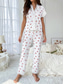 cheap Women&#039;s Sleep Tops &amp; Bottoms-Women&#039;s Pajama Set Casual Comfort Cherry Elastic Waist Shirt Pant Home Daily Short Sleeve V Neck White Summer Spring Fall Regular Fit