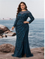 billiga BLÅ-Havfrue  Trumpet Plus Size Klänningar Elegant Curve Klänning Formell Bröllop Golvlängd Långärmad Rundhals Polyester med Slits 2025