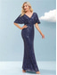 cheap BLUE-Mermaid / Trumpet Quinceanera Dresses Elegant Dress Formal Wedding Floor Length Short Sleeve V Neck Polyester with Glitter 2025
