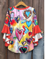 cheap Art&amp;Design Tops-Women&#039;s Blouse V Neck Heart Graphic Bohemia Vintage Daily 3/4 Length Sleeve Regular Tops Daily Holiday Print Red Blue Purple Green Summer Spring Fall