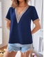 cheap Lace Tops-Women&#039;s Blouse Solid Color Elegant Stylish Basic Short Sleeve V Neck Regular Tops Daily Lace Patchwork Black White Navy Blue Beige Summer
