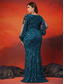 voordelige BLAUW-Zeemeermin  Trompet Plus Size Jurken Elegante Curve Jurk Formele Bruiloft Vloerlengte Lange Mouw V Hals Pailletten met Pailletten 2025