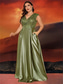 cheap CHAMPAGNE-A-Line Plus Size Dresses Elegant Curve Dress Formal Wedding Floor Length Short Sleeve V Neck Satin Backless with Pleats 2025