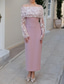 cheap Cocktail Dresses-Blue Sheath / Column Cocktail Dresses Detachable Cape Stretch Crepe Elegant Dress Formal Wedding Tea Length Sleeveless Off Shoulder  with Floral Beading Lace