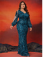 voordelige BLAUW-Zeemeermin  Trompet Plus Size Jurken Elegante Curve Jurk Formele Bruiloft Vloerlengte Lange Mouw V Hals Pailletten met Pailletten 2025