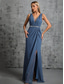 cheap BLUE-Mermaid / Trumpet Quinceanera Dresses Elegant Dress Formal Wedding Floor Length Sleeveless V Neck Chiffon with Slit