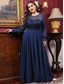 billige BLÅ-A-Linje Kveldskjole Elegant Kjole Formell Bryllup Gulvlengde Langt Erme Crew Neck Chiffon med Folder